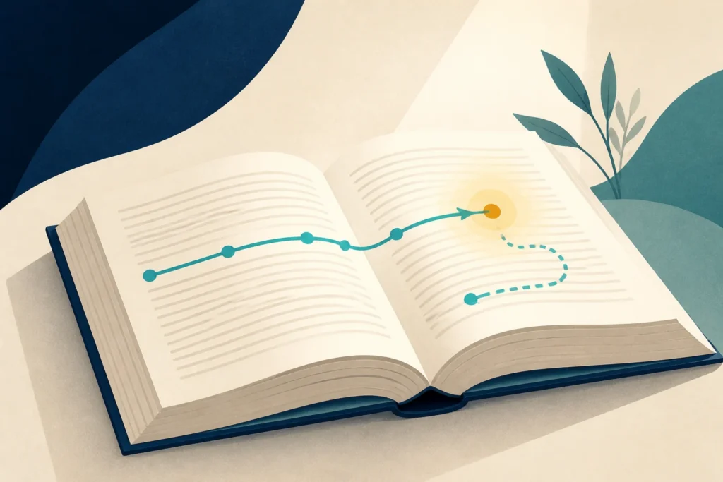 Libro abierto con una ruta de lectura que avanza, se detiene en una idea y vuelve para comprobarla