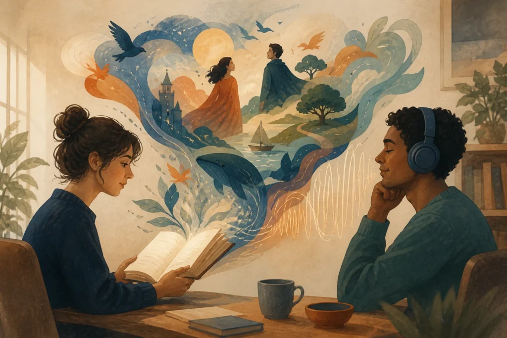 Persona leyendo un libro y persona escuchando con auriculares mientras ambas imaginan la misma historia