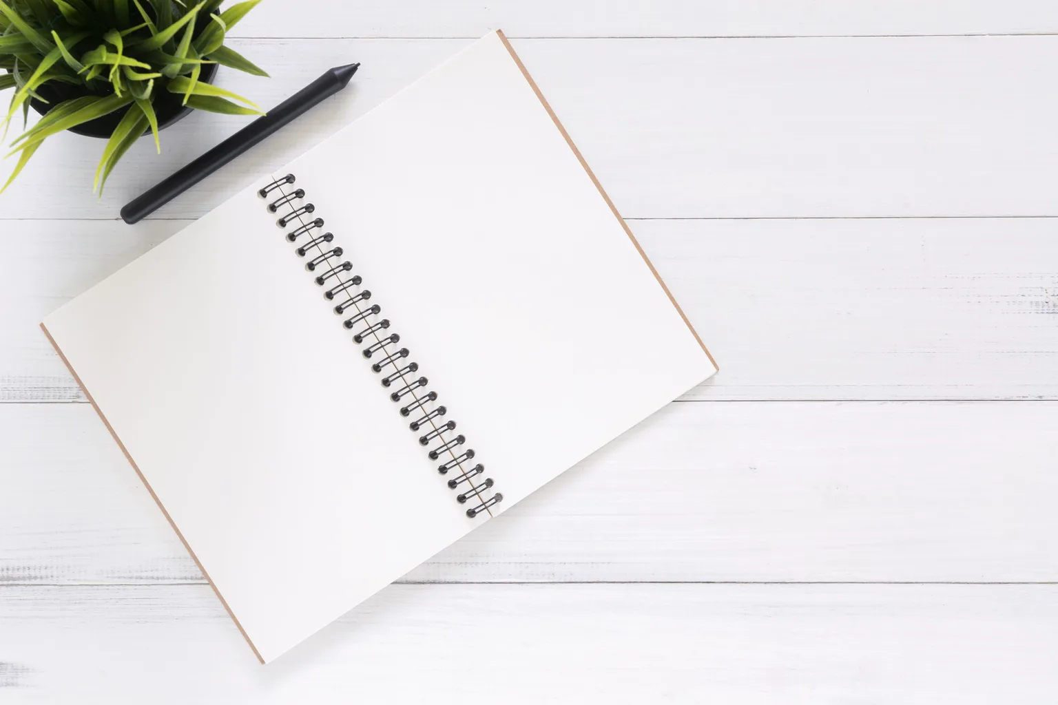 Cuaderno abierto, bolígrafo y planta sobre una mesa como apoyos externos para organizar el pensamiento