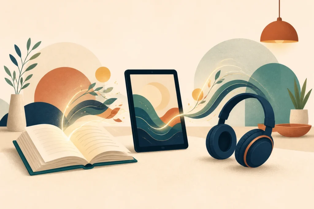 Libro impreso, tableta y auriculares conectados por una misma corriente de ideas