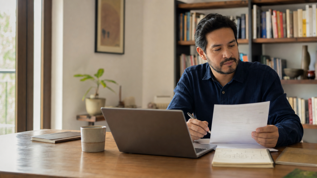Profesional revisando su currículo y planificando una búsqueda de empleo